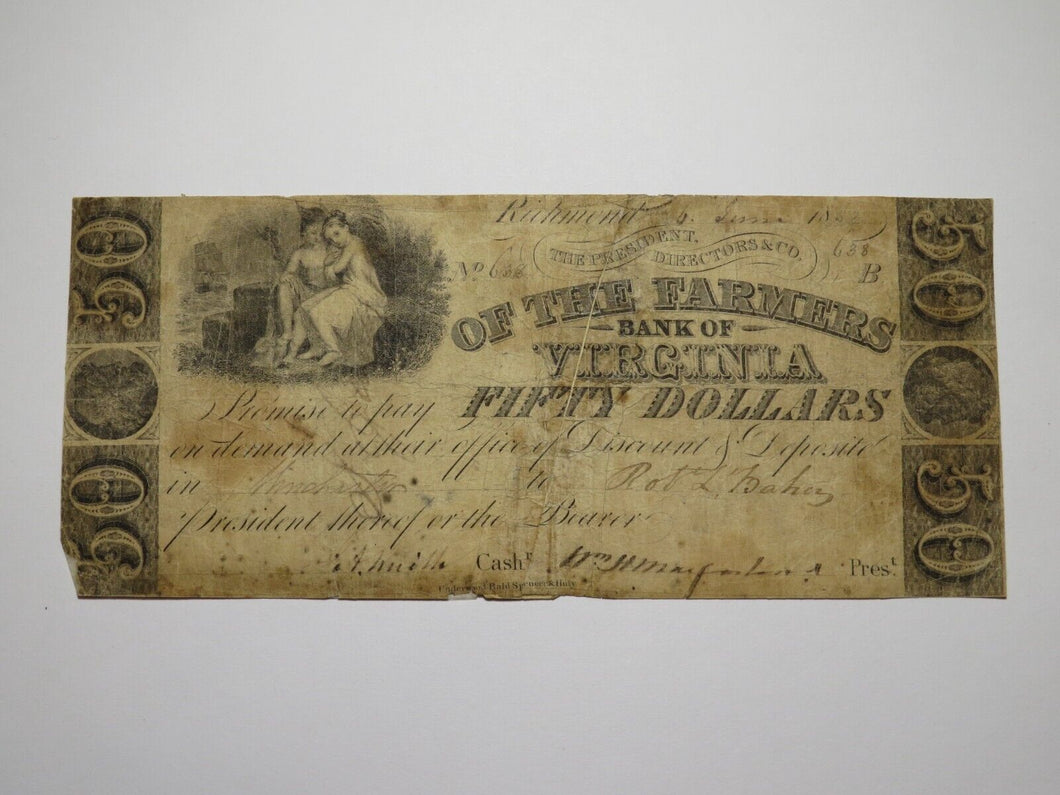 $50 1852 Richmond Virginia Obsolete Currency Bank Note Bill Farmers Bank of VA