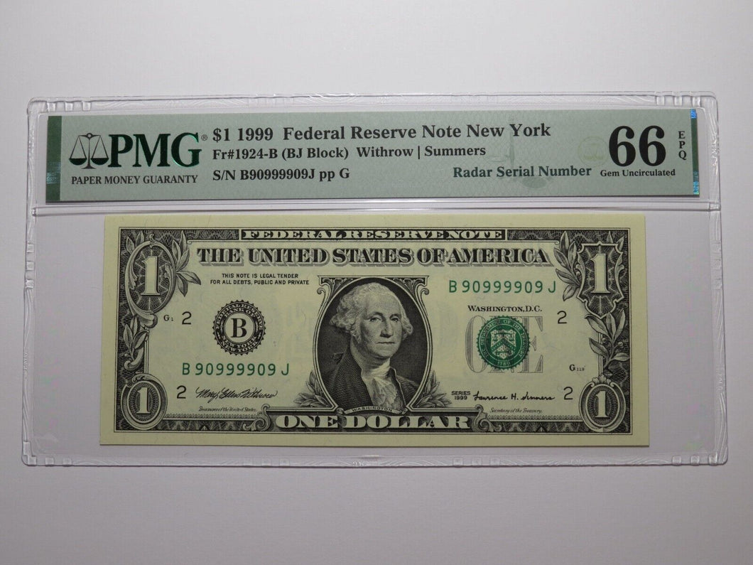 $1 1999 Fancy Radar Serial Number Federal Reserve Currency Note Bill #90999909