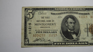 $5 1929 Montgomery Minnesota MN National Currency Bank Note Bill Ch. #11215 VF!