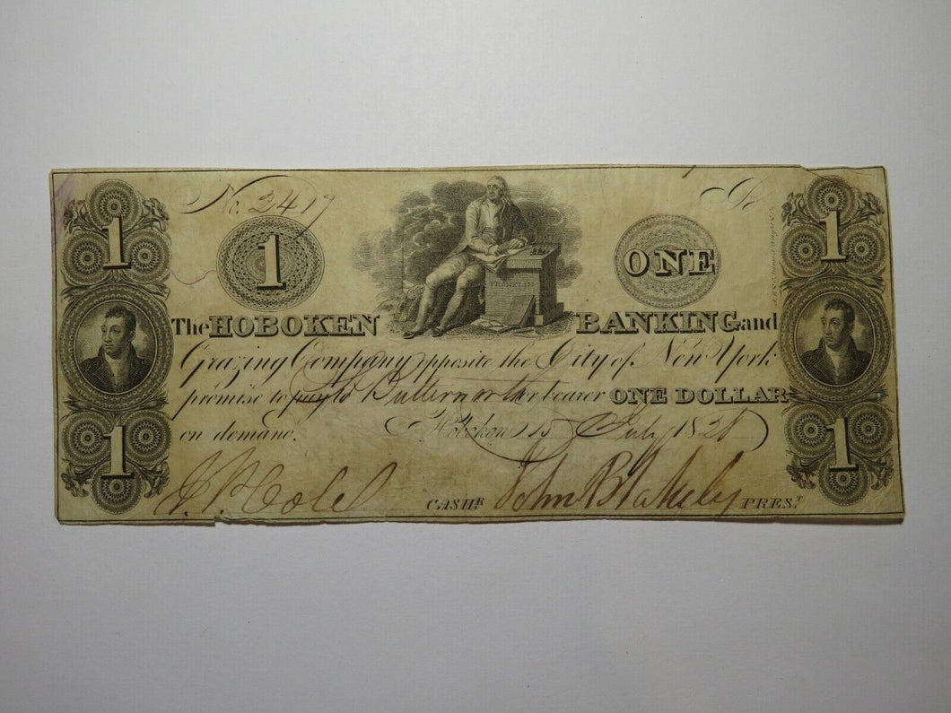 $1 1828 Hoboken New Jersey NJ Obsolete Currency Bank Note Bill Grazing Company