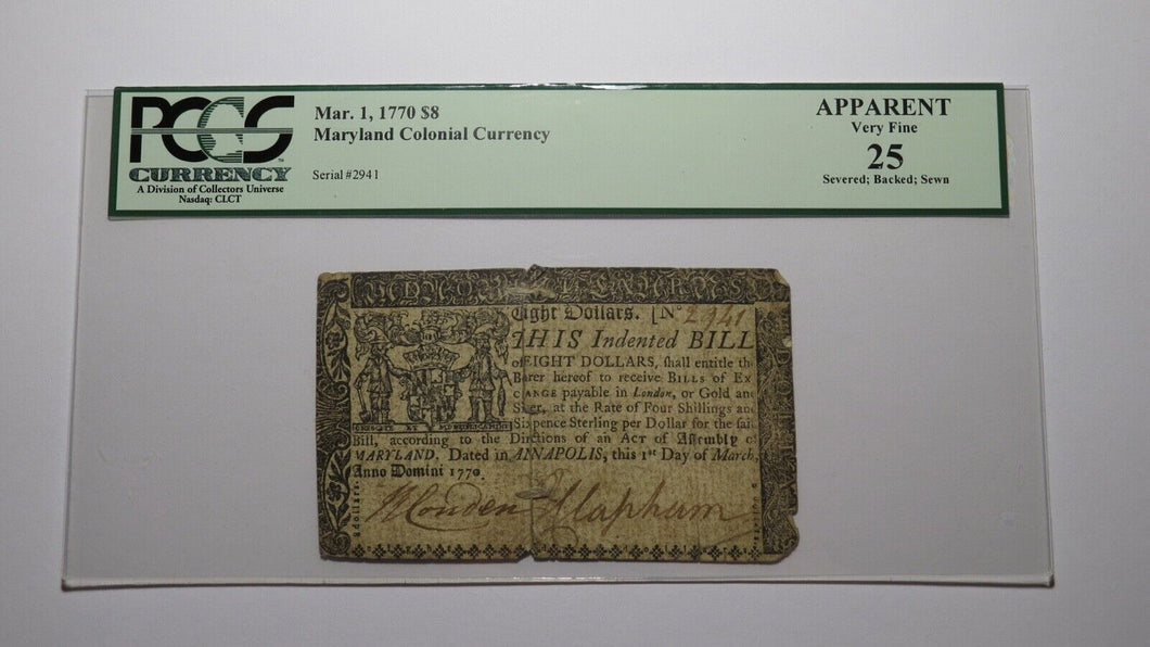 1770 $8 Annapolis Maryland MD Colonial Currency Bank Note Bill VF25 PCGS Eight