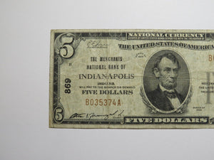 $5 1929 Indianapolis Indiana IN National Currency Bank Note Bill Ch. #869 FINE+