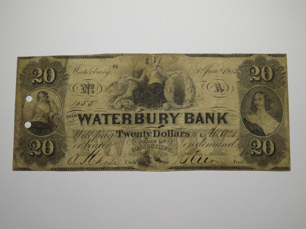 $20 1853 Waterbury Connecticut CT Obsolete Currency Note Bill Waterbury Bank