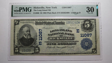 $5 1902 Hicksville New York NY National Currency Bank Note Bill #11087 VF30 PMG