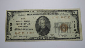 $20 1929 Scottdale Pennsylvania PA National Currency Bank Note Bill #13772 VF++