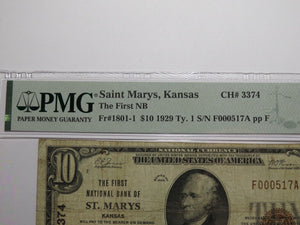 $10 1929 St. Marys Kansas KS National Currency Bank Note Bill #3374 VF20 Saint