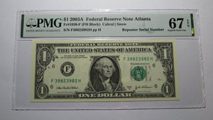 $1 2003 Repeater Serial Number Federal Reserve Currency Bank Note Bill PMG UNC67