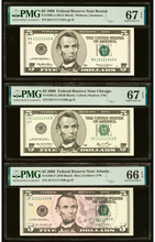 Load image into Gallery viewer, 3 $5 1999-2006-2009 Matching Fancy Serial Numbers Federal Reserve Bank Note Bill