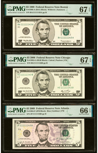 3 $5 1999-2006-2009 Matching Fancy Serial Numbers Federal Reserve Bank Note Bill