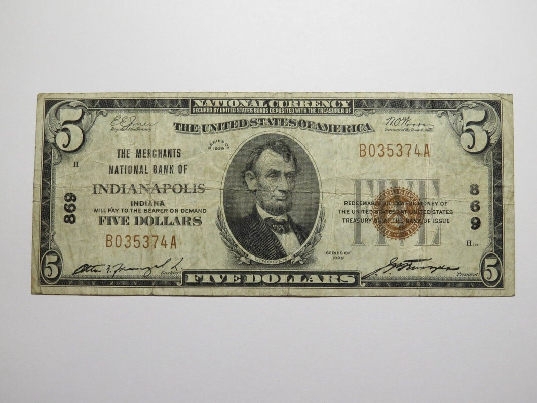 $5 1929 Indianapolis Indiana IN National Currency Bank Note Bill Ch. #869 FINE+