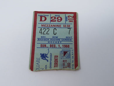 December 1, 1968 New York Rangers Vs. Toronto Maple Leafs NHL Hockey Ticket Stub