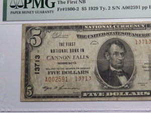 $5 1929 Cannon Falls Minnesota National Currency Bank Note Bill Ch. #13713 VF25