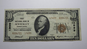 $10 1929 Sewickley Pennsylvania PA National Currency Bank Note Bill Ch #13699 VF