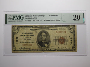 $5 1929 Linden New Jersey NJ National Currency Bank Note Bill Ch #11545 PMG VF20