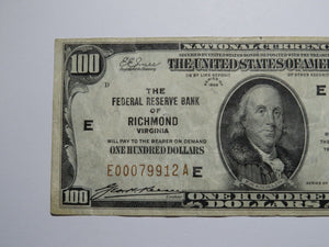 $100 1929 Richmond Virginia VA National Currency Note Federal Reserve Bank VF