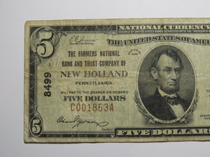 $5 1929 New Holland Pennsylvania National Currency Bank Note Bill Ch. #8499 FINE