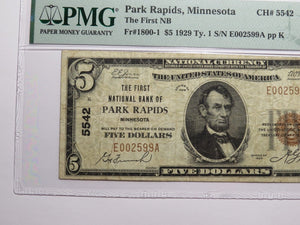 $5 1929 Park Rapids Minnesota MN National Currency Bank Note Bill Ch. #5542 VF20