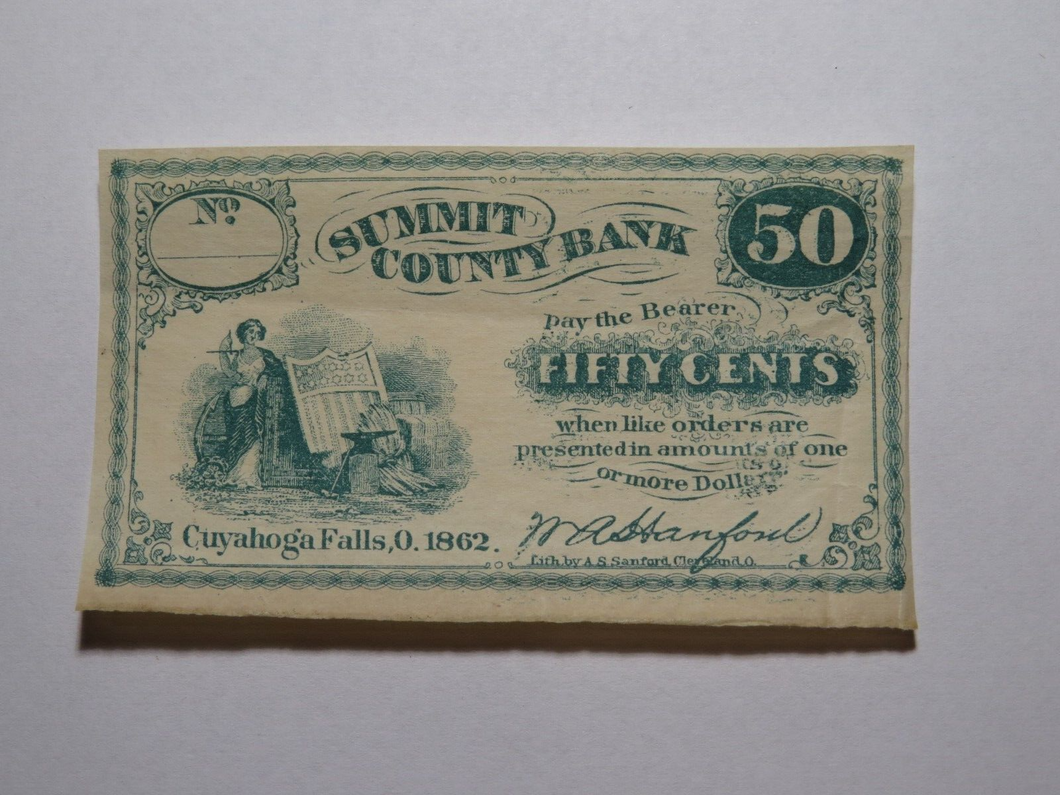 $.50 1862 Cuyahoga Falls Ohio OH Obsolete Currency Bank Note Bill Summit County