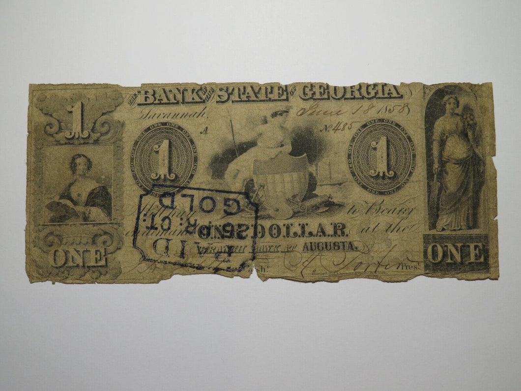 $1 1858 Augusta Georgia GA Obsolete Currency Bank Note Bill State Bank of GA