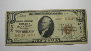 $10 1929 Hennessey Oklahoma OK National Currency Bank Note Bill Ch. #10209 FINE