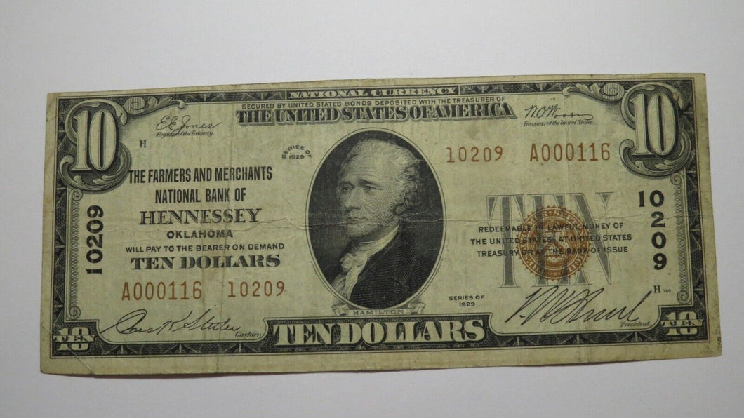 $10 1929 Hennessey Oklahoma OK National Currency Bank Note Bill Ch. #10209 FINE