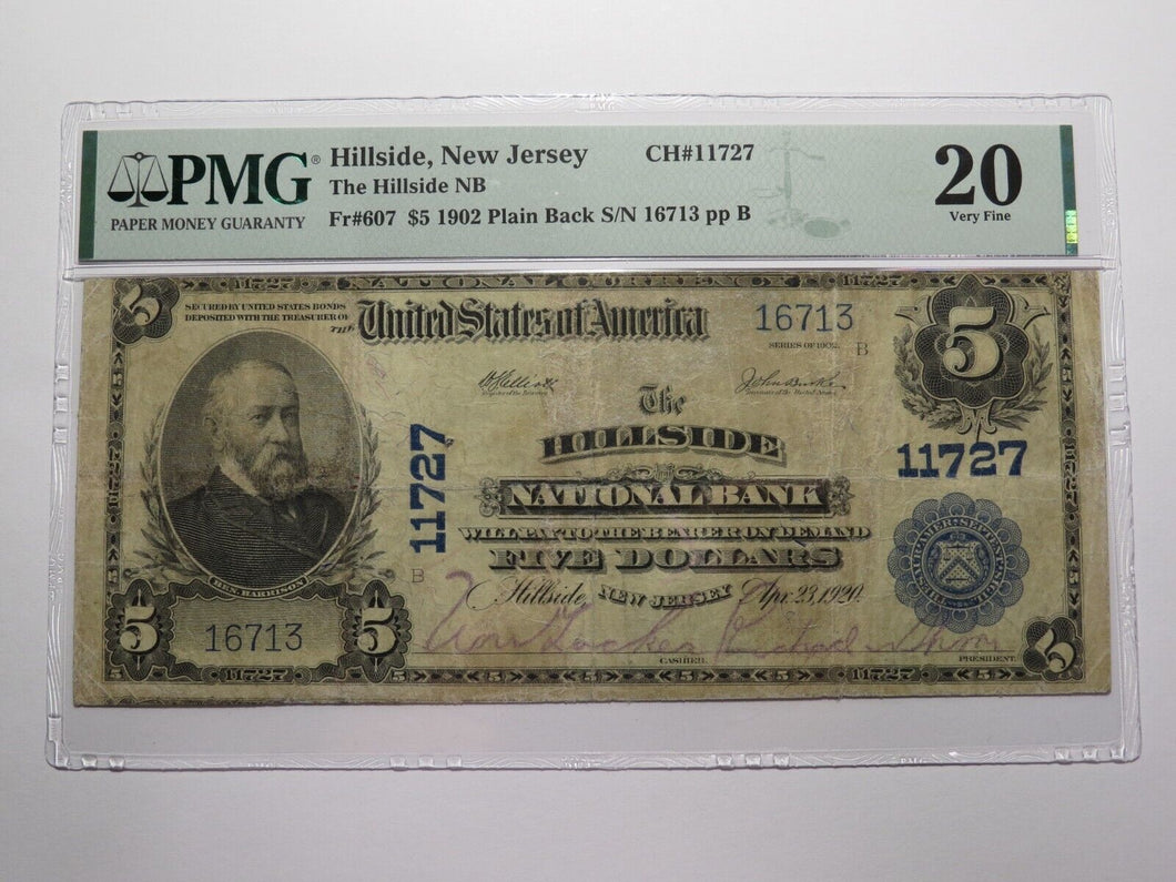 $5 1902 Hillside New Jersey NJ National Currency Bank Note Bill #11727 VF20 PMG