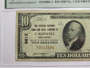 $10 1929 Caldwell New Jersey NJ National Currency Bank Note Bill Ch #9612 VF20