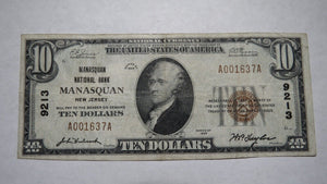 $10 1929 Manasquan New Jersey NJ National Currency Bank Note Bill Ch. #9213 VF+