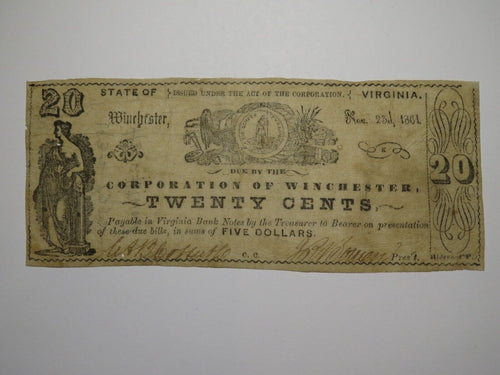 $.20 1861 Winchester Virginia VA Obsolete Currency Bank Note Bill Corp. of Win.