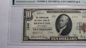 $10 1929 Bridgeton New Jersey NJ National Currency Bank Note Bill #1346 AU50 PMG