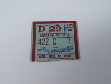 December 18, 1968 New York Rangers Vs Chicago Blackhawks NHL Hockey Ticket Stub