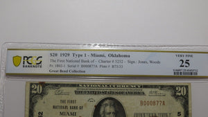 $20 1929 Miami Oklahoma OK National Currency Bank Note Bill Ch. #5252 VF25 PCGS