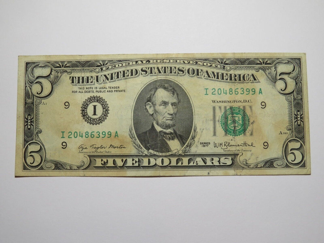 $5 1977 Full Face to Back Offset Error Federal Reserve Bank Note Bill VF