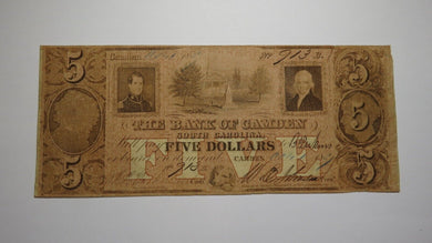 $5 1857 Camden South Carolina SC Obsolete Currency Bank Note Bill Bank of Camden