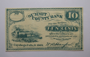 $.10 1862 Cuyahoga Falls Ohio OH Obsolete Currency Bank Note Bill Summit County