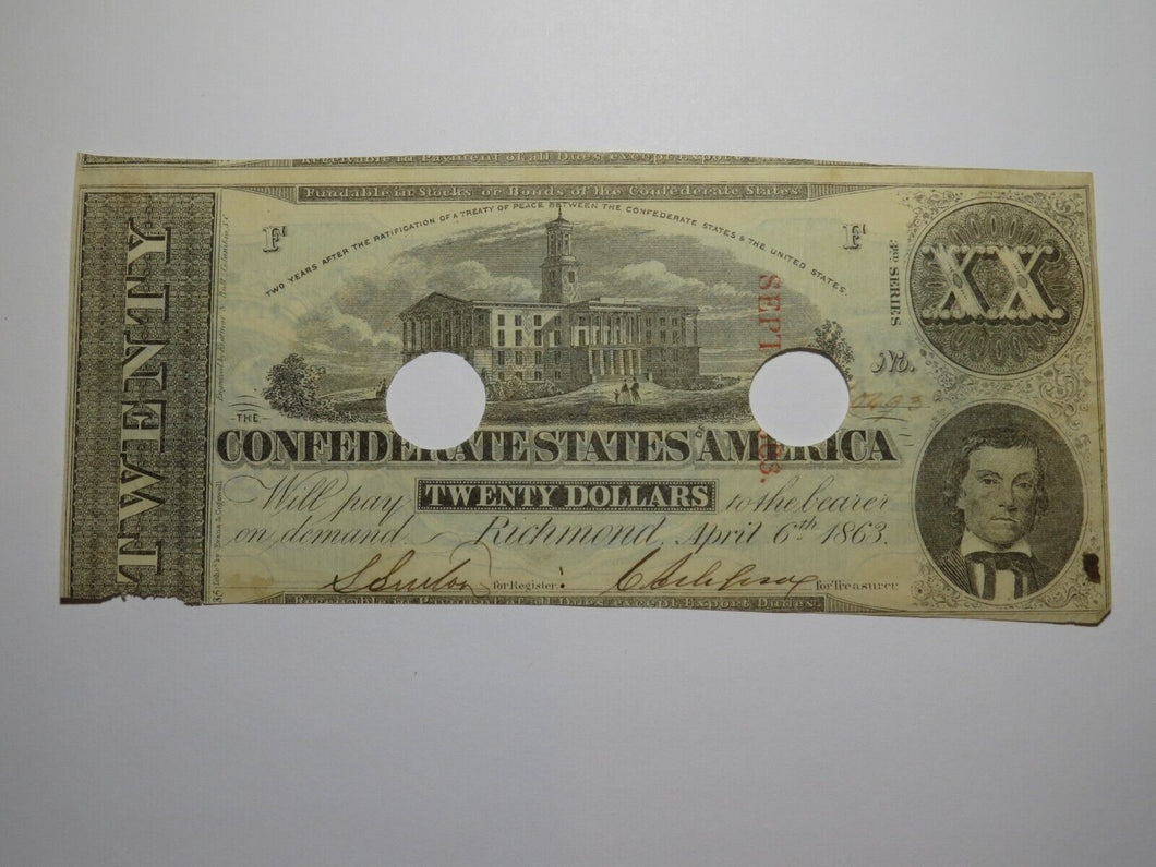 $20 1863 Richmond Virginia VA Confederate Currency Bank Note Bill RARE T58