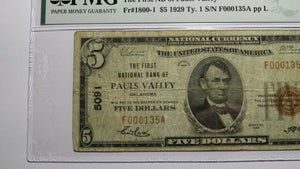 $5 1929 Pauls Valley Oklahoma OK National Currency Bank Note Bill Ch #5091 F15