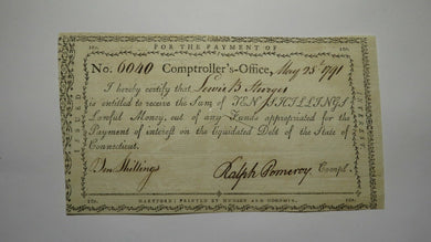 1791 10 Shillings Connecticut Comptrollers Office Colonial Currency Note Pomeroy