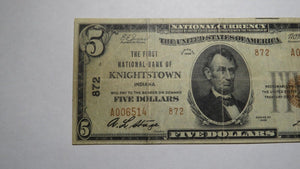 $5 1929 Knightstown Indiana IN National Currency Bank Note Bill! Ch. #872 FINE+