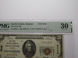 $20 1929 Smith Center Kansas National Currency Bank Note Bill #3546 VF30 Centre