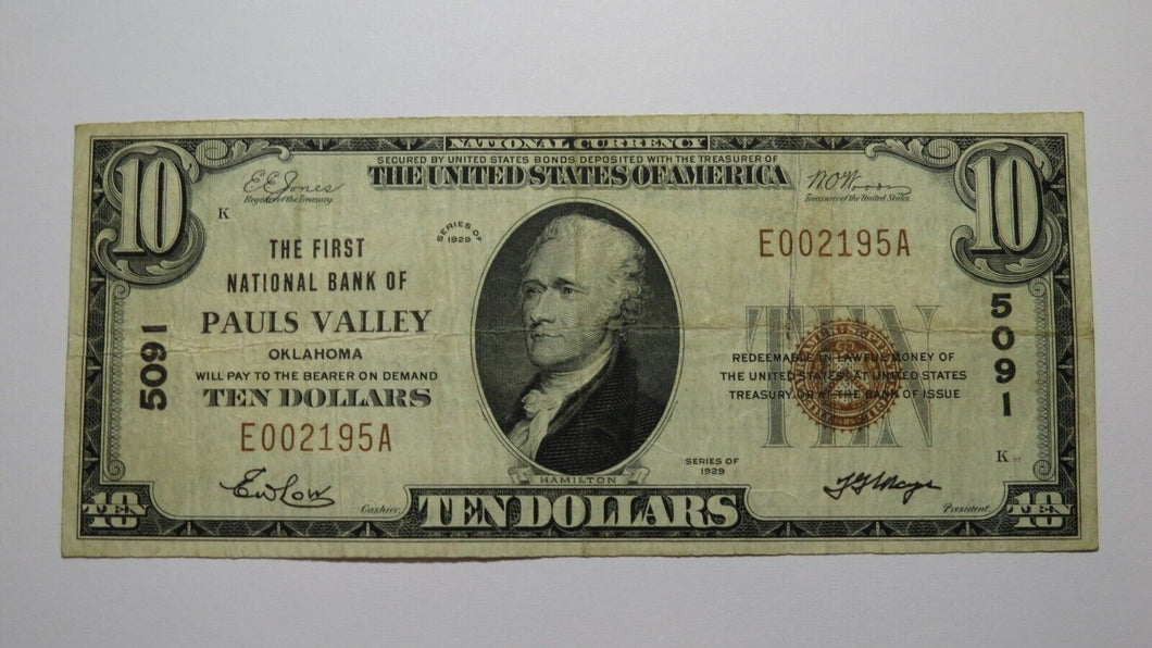 $10 1929 Pauls Valley Oklahoma OK National Currency Bank Note Bill Ch. #5091 VF