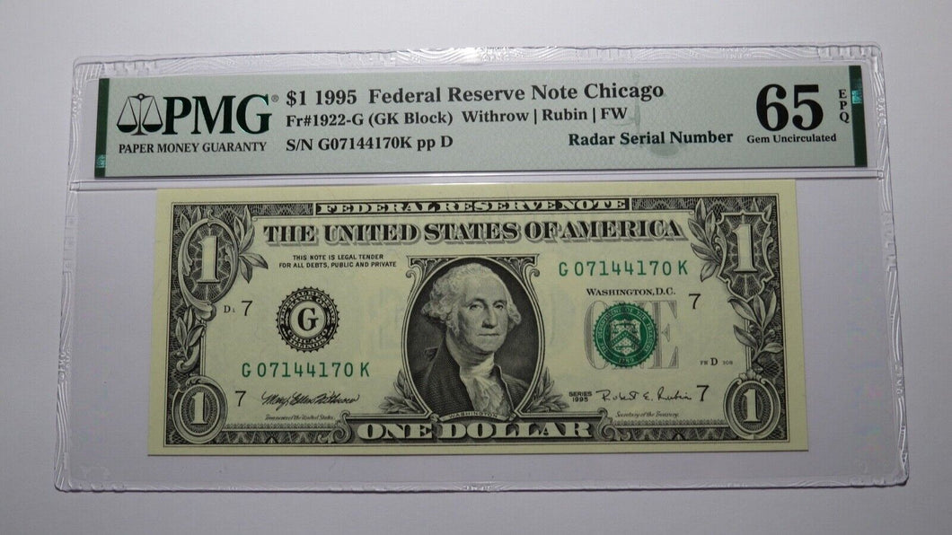 $1 1995 Radar Serial Number Federal Reserve Currency Bank Note Bill PMG UNC65EPQ