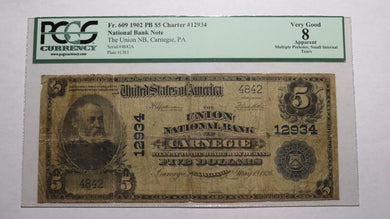 $5 1902 Carnegie Pennsylvania PA National Currency Bank Note Bill Ch #12934 PCGS