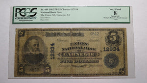 $5 1902 Carnegie Pennsylvania PA National Currency Bank Note Bill Ch #12934 PCGS