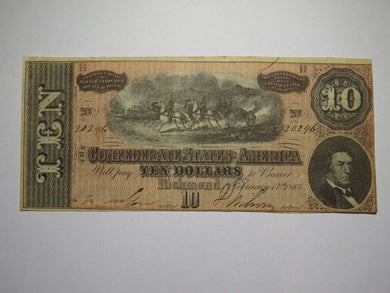 $10 1864 Richmond Virginia VA Confederate Currency Bank Note Bill RARE T68 VF