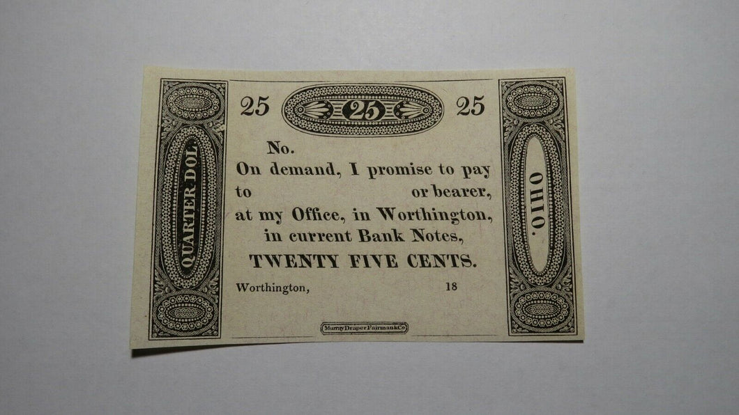 $.25 18__ Worthington Ohio OH Obsolete Currency Bank Note Fractional Remainder!