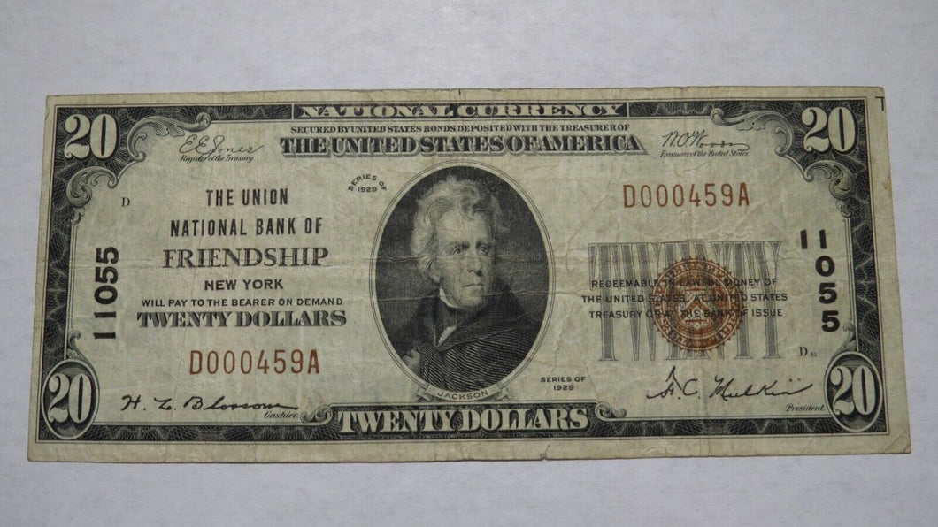 $20 1929 Friendship New York NY National Currency Bank Note Bill Ch. #11055 VF!