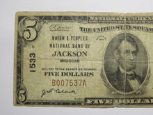 Load image into Gallery viewer, $5 1929 Jackson Michigan MI National Currency Bank Note Bill Charter #1533