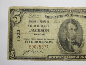 $5 1929 Jackson Michigan MI National Currency Bank Note Bill Charter #1533