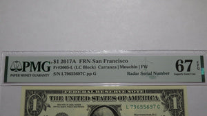 $1 2017 Radar Serial Number Federal Reserve Currency Bank Note Bill PMG UNC67EPQ